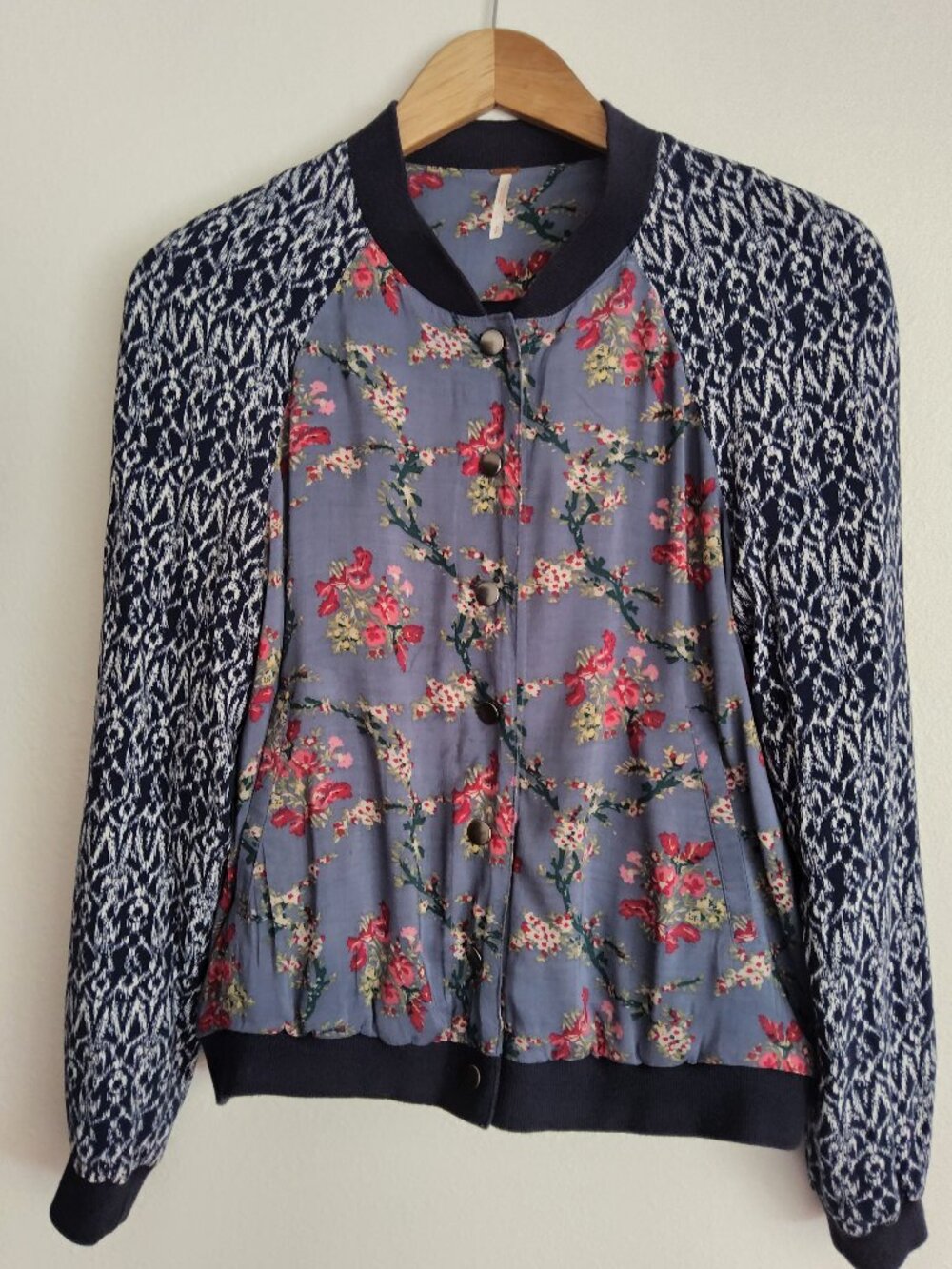 NEW FREE PEOPLE  Baseball Bomber Jacket in Indigo Floral & Ikat Print Size S